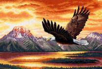 Полёт орла над высокими горами и рекой