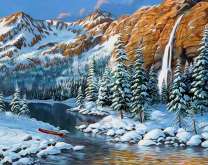 Горы, река и зимний лес