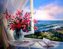 Красный букет на фоне морского берега