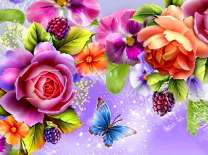 Розы и яркая голубая бабочка