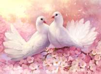 Белые голуби на цветущей сакуре