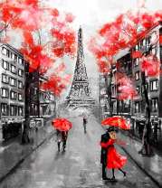 Красные деревья и зонты на улице Парижа