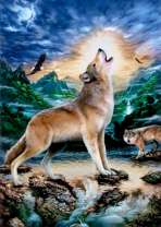 Волки над водопадом под луной