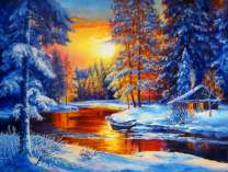 Утро над рекой в зимнем лесу