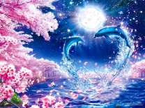 Цветущая сакура и пара дельфинов под луной