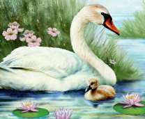 Грациозный лебедь с птенцом на цветущем озере