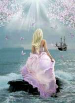 Девушка на морском камне ожидает корабль