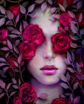 Девушка в кустах цветущих роз