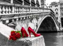 Букет роз и красные туфли у моста