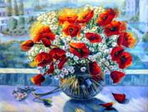 Круглая ваза с букетом маков и ромашек