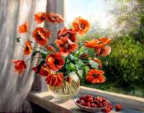 Тарелочка с ягодами и букет маков у окна