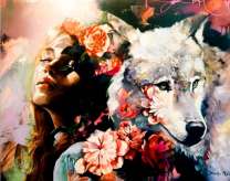 Розы, девушка и белая волчица