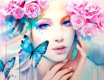 Девушка с розами в волосах и синие бабочки
