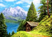 Деревянный домик в горах у озера