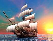 Парусный корабль на фоне яркого солнца