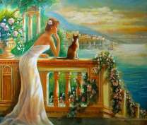 Девушка и кот на цветущей веранде у моря