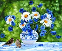 Букет ромашек и пара воробушков