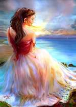 Девушка в пышном платье на берегу моря