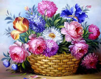 Корзинка с букетом роз и хризантем