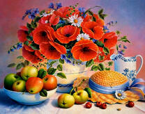 Букет маков и ромашек и яблоки