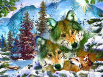 Семья волков на фоне снежных гор