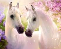 Молодые лошади в весенннем саду