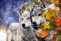 Волки в лесу под снегопадом