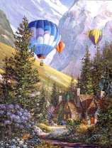 Воздушные шары над домиком в горах