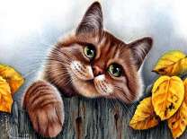 Пушистый котик и осенние листья
