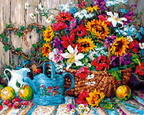 Натюрморт с корзиной цветов и яблоками