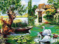 Лебеди и утки у лодки