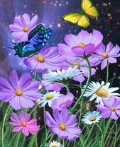 Синяя и желтая бабочка на сиреневых цветах