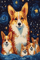 Семейство корги на фон звездного неба