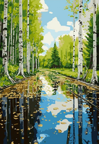 Река среди березовой рощи