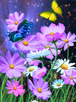 Синяя и желтая бабочки над цветами ночью