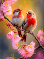 Красивые птички на цветущей ветке