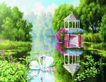 Альтанка у озера с лебедями