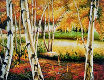 Молодые осенние березки у реки