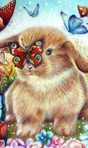 Вислоухий кролик играет с бабочками