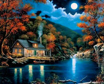 Ночной пейзаж с домиком у озера