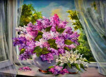 Букет сирени на подоконнике в вазе