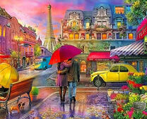 Пара под красным зонтом в дождливом Париже