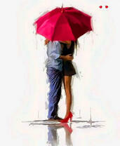 Нежный поцелуй под красным зонтом