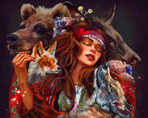 Колоритная девушка в окружении животных