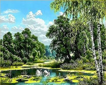 Два белых лебедя на небольшом пруду