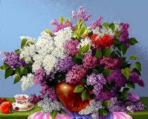 Чашечка кофе и большой букет сирени