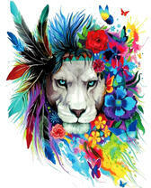 Лев с цветами перьями в гриве