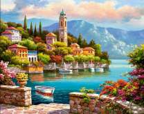 Деревня на берегу в лучах солнца