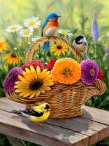 Птички на корзинке с букетом цветов