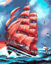 Корабль с красными парусами в синем море